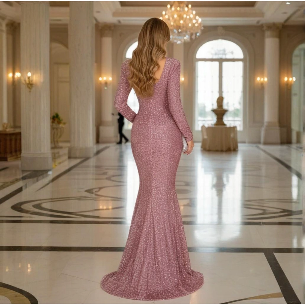 Second image of Nude Pink Sequin Long-Sleeve Square Neck Mermaid-Style Evening Gown