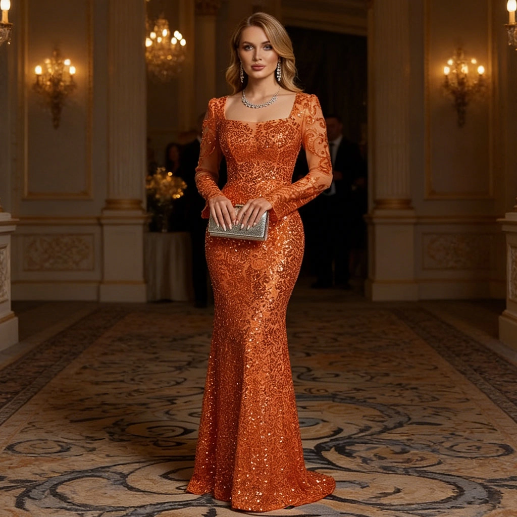 Orange Sequin Lace Long-Sleeve Backless Mermaid-Style Evening Gown