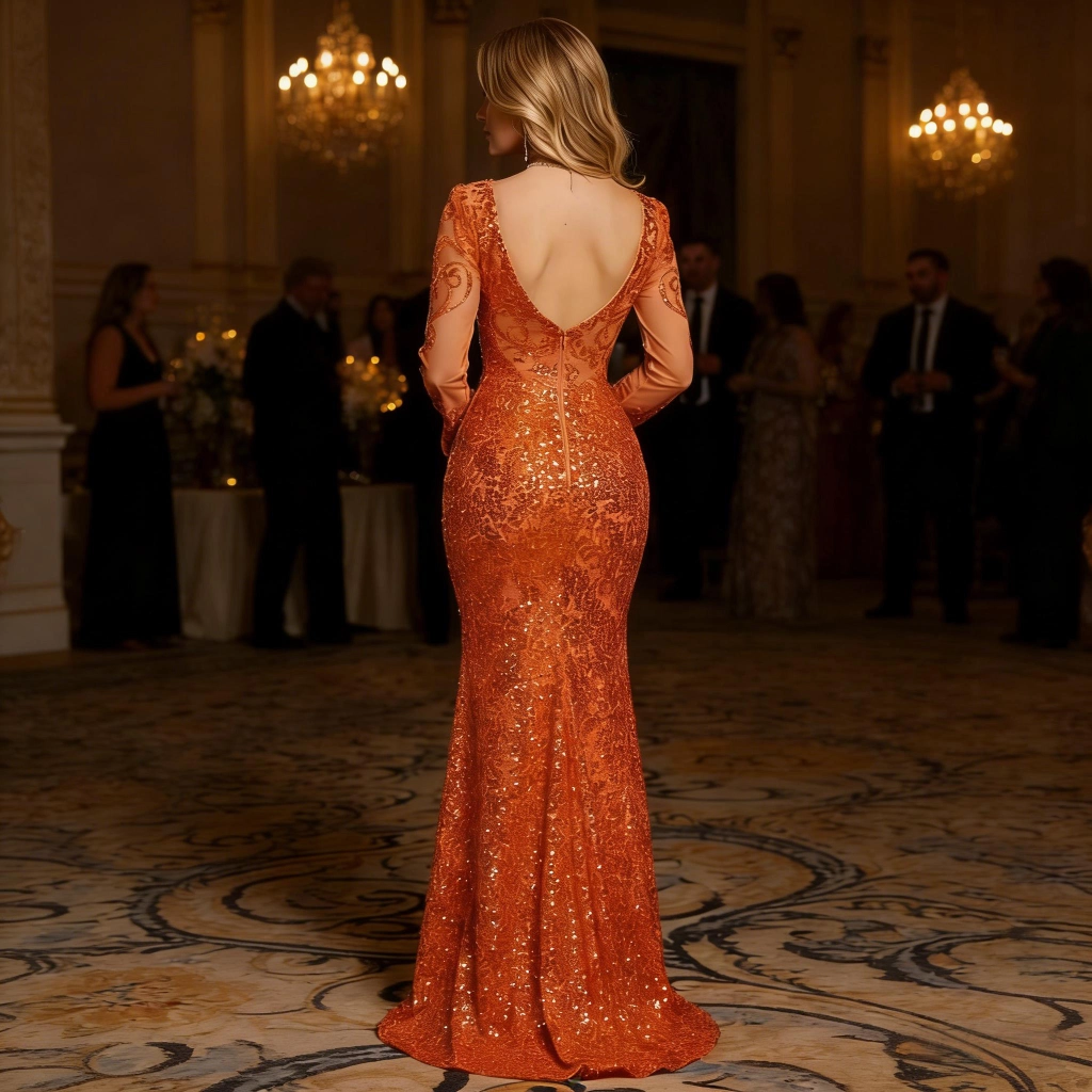 Second image of Orange Sequin Lace Long-Sleeve Backless Mermaid-Style Evening Gown