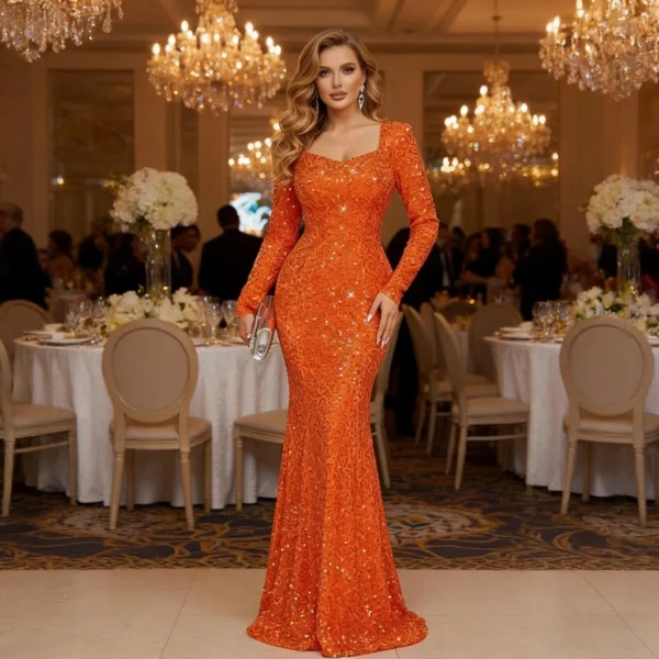 Orange sequin long-sleeve square-neck backless mermaid-style evening gown