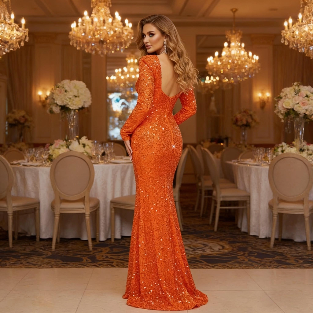 Second image of Orange sequin long-sleeve square-neck backless mermaid-style evening gown