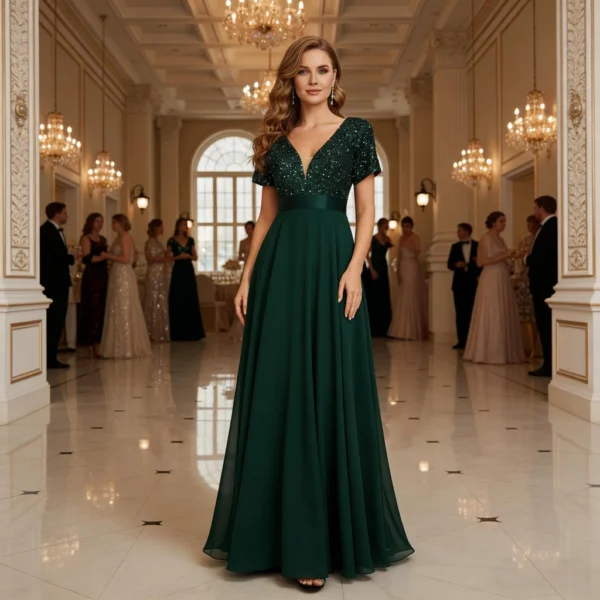 Dark Green Sequin Short-Sleeve Chiffon Ball Gown