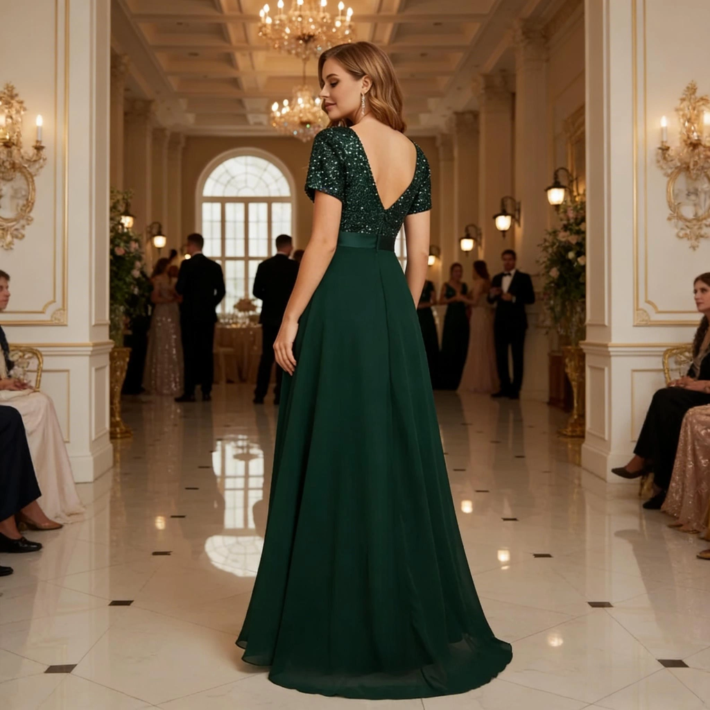 Second image of Dark Green Sequin Short-Sleeve Chiffon Ball Gown