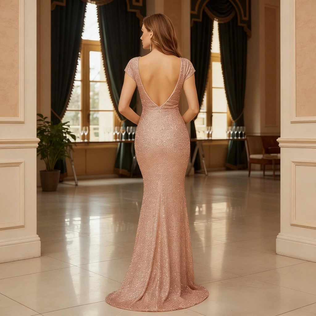 Second image of Nude Pink Sequin Cap-Sleeve Backless Mermaid-Style Evening Gown