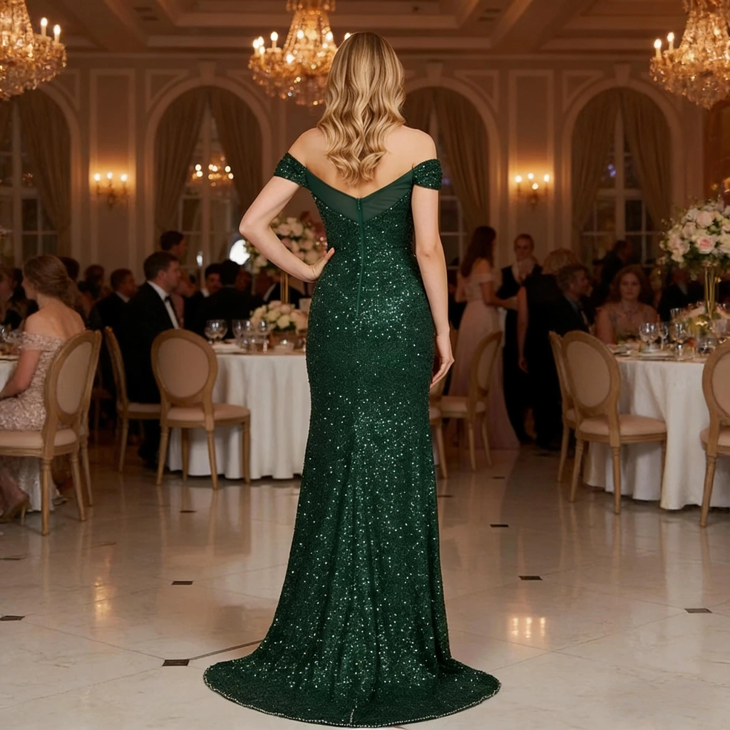 Second image of Dark green sequined one-shoulder slit fishtail evening gown