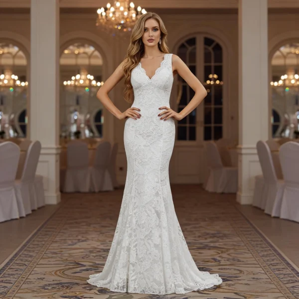 White Lace V-Neck Backless Mermaid Train Wedding Dress