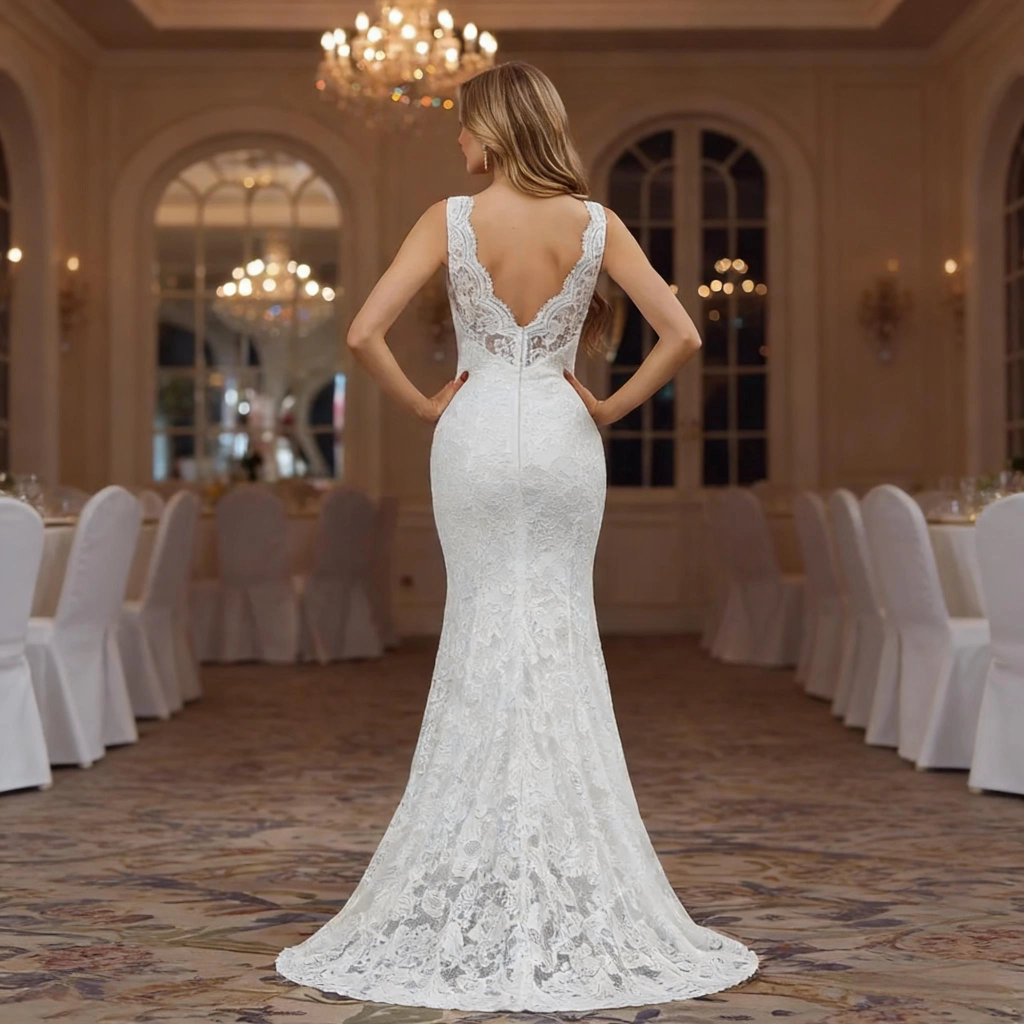 Second image of White Lace V-Neck Backless Mermaid Train Wedding Dress