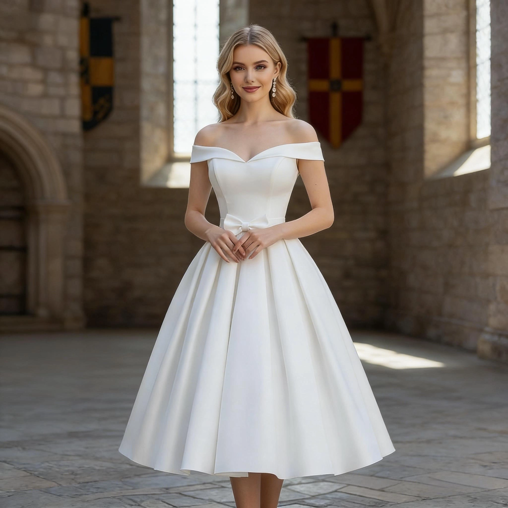 White satin off-the-shoulder bow-tie mid-length wedding dress