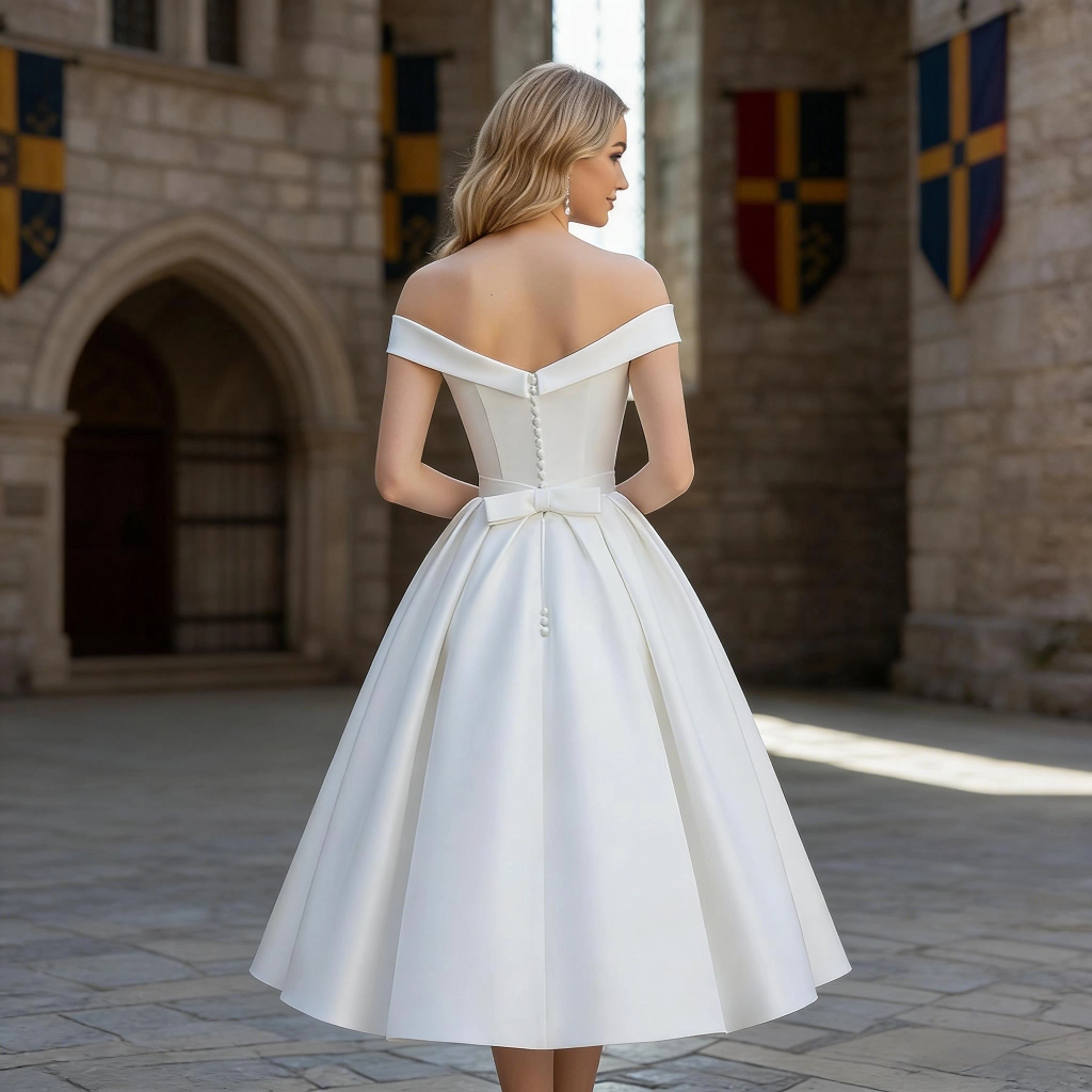 Second image of White satin off-the-shoulder bow-tie mid-length wedding dress