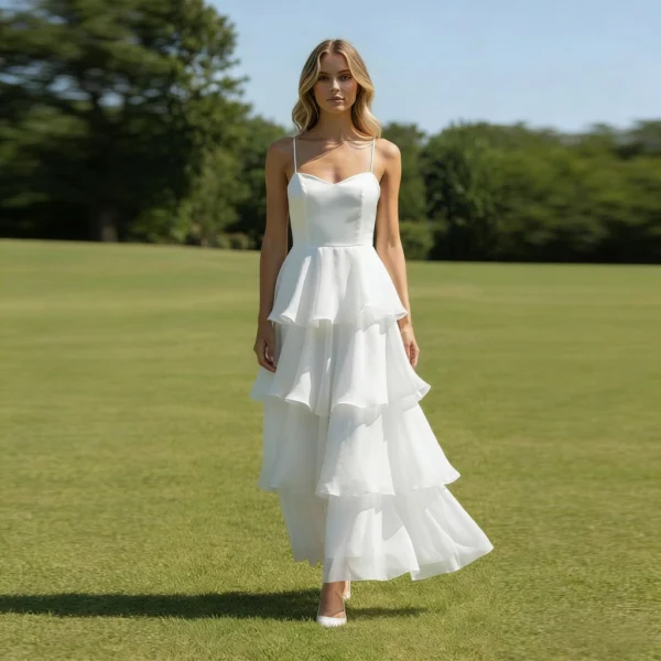 White Chiffon Strapless Layered Full-Skirted Evening Gown