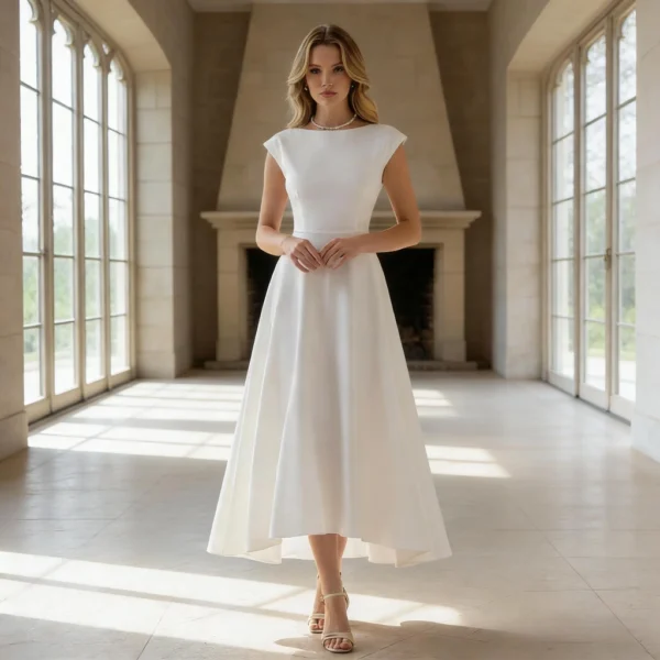 White satin cap-sleeve midi-length evening gown