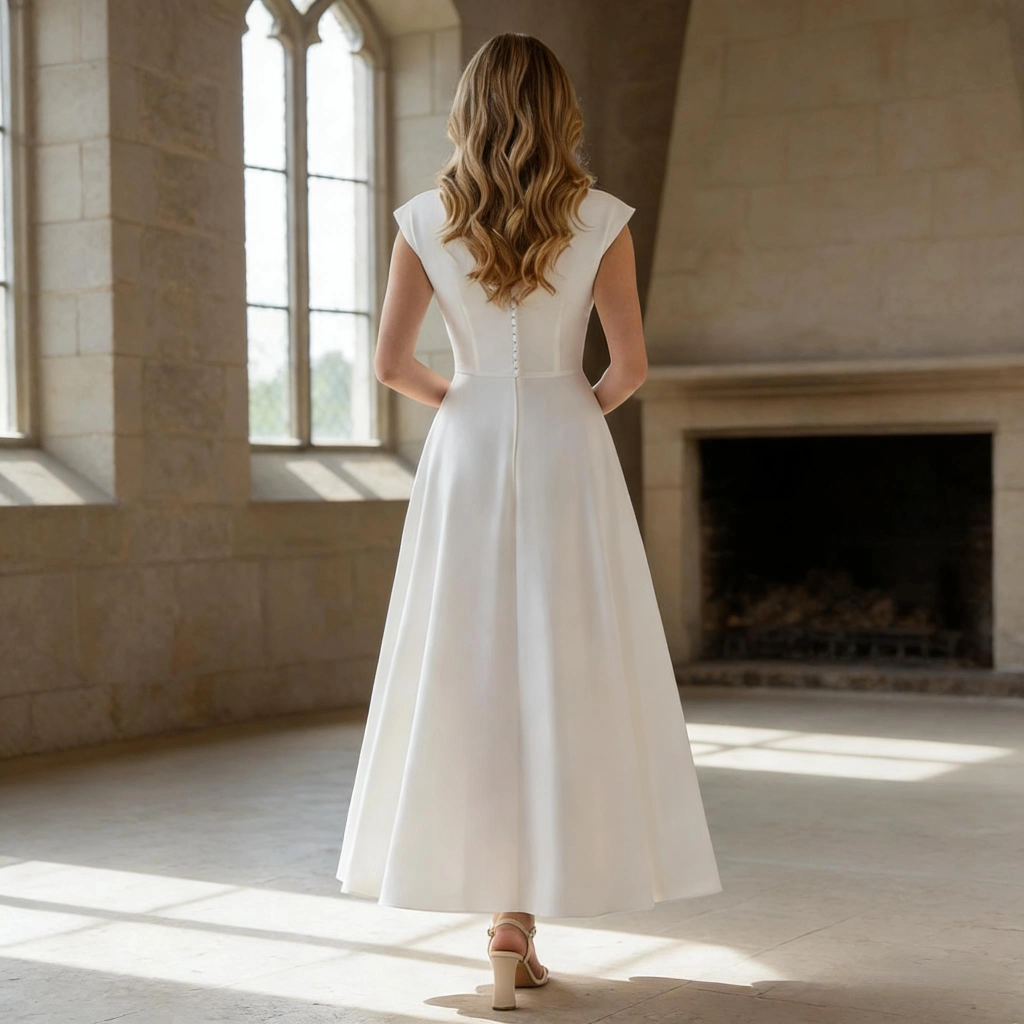 Second image of White satin cap-sleeve midi-length evening gown