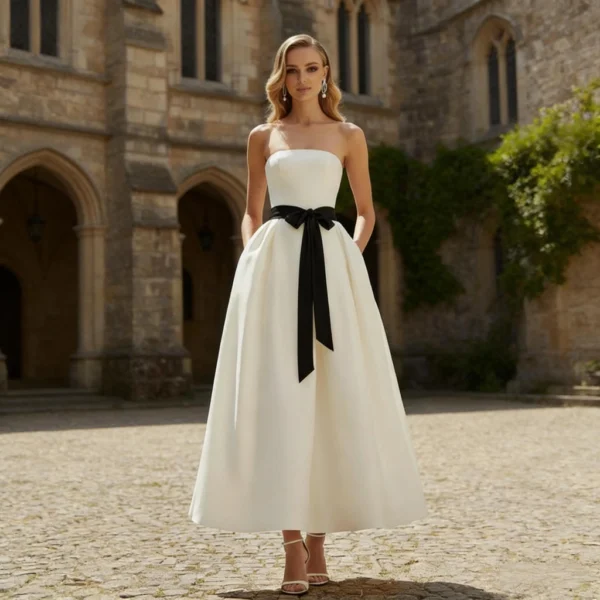 White satin strapless dress with black bow detail, mid-length