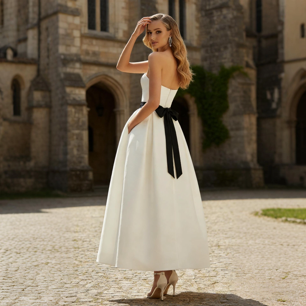 Second image of White satin strapless dress with black bow detail, mid-length