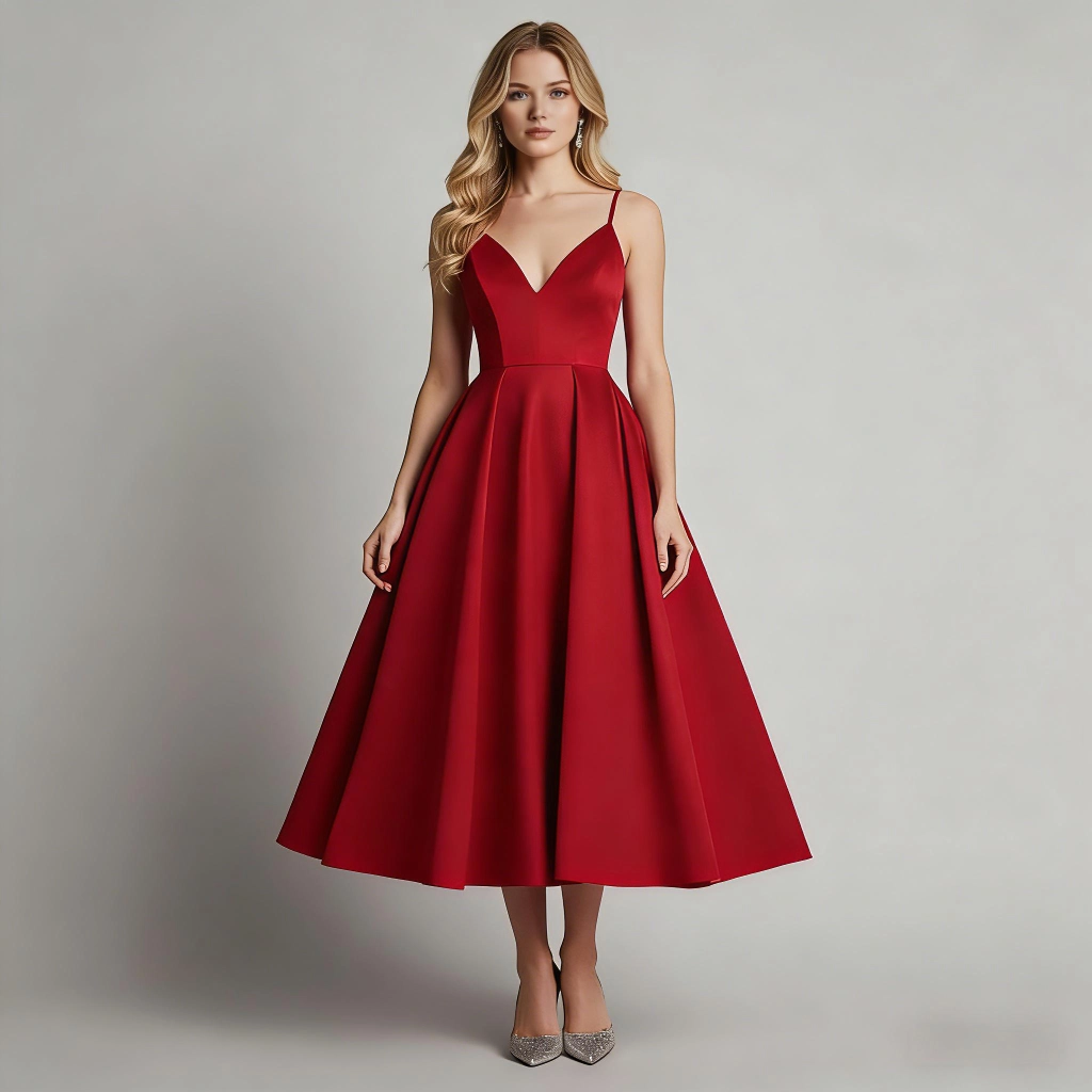 Red Satin V-Neck A-Line Midi Dress with Thin Straps