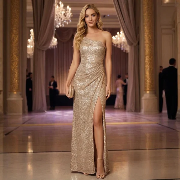 Gold One-Shoulder Sequin-Embellished Slit Mermaid-Style Evening Gown