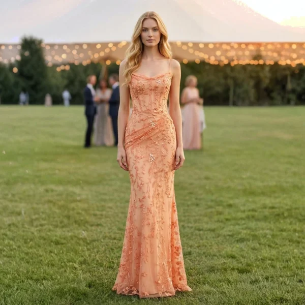 Orange Lace Floral Strapless Mermaid-Style Evening Gown