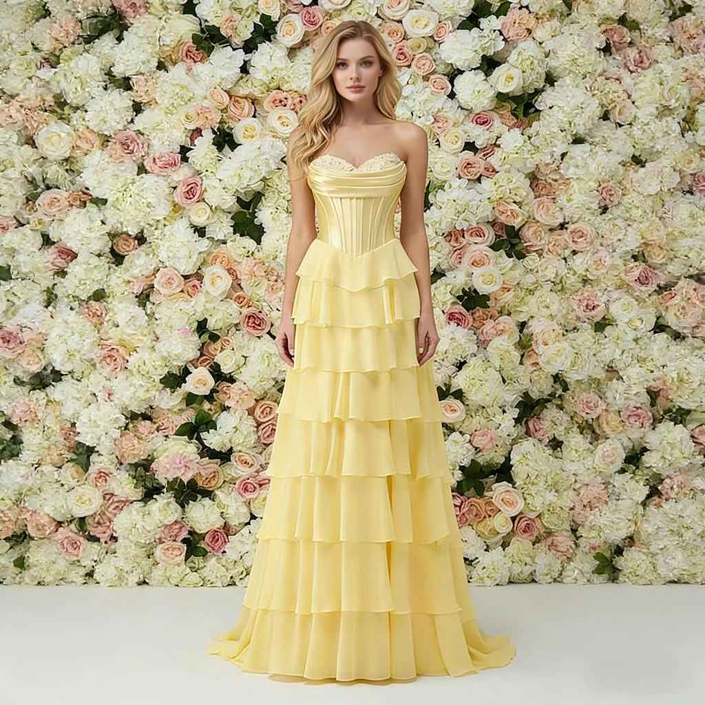 Light yellow strapless layered slit gown with a train