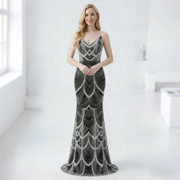 Black and Silver Beaded Embroidered Geometric Mermaid-Style Gown
