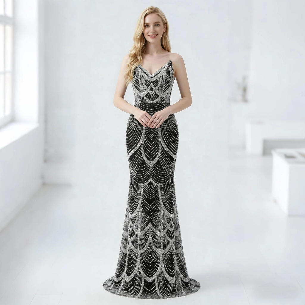 Black and Silver Beaded Embroidered Geometric Mermaid-Style Gown