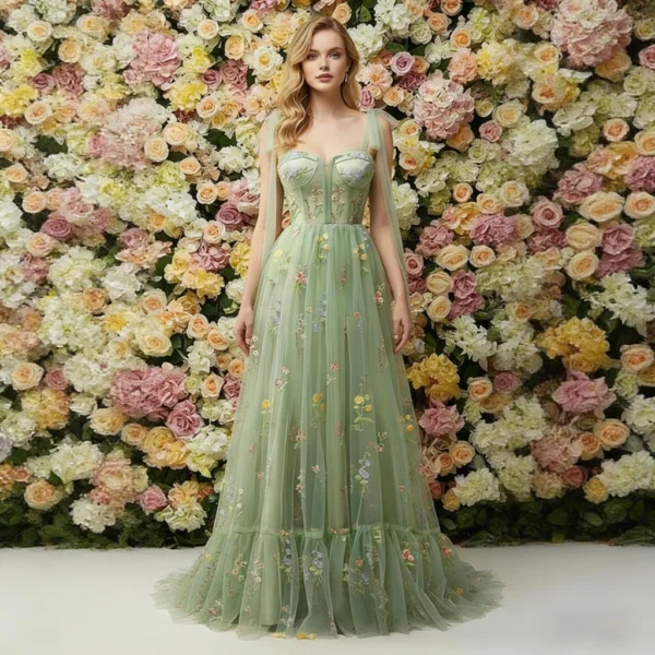 Mint Green Floral Spaghetti-Strap Tulle Dress with Train