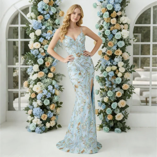 Light Blue Gold-Patterned Split-Front Strapless Mermaid-Style Evening Gown
