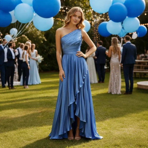 Royal Blue One-Shoulder Pleated Slit Evening Gown