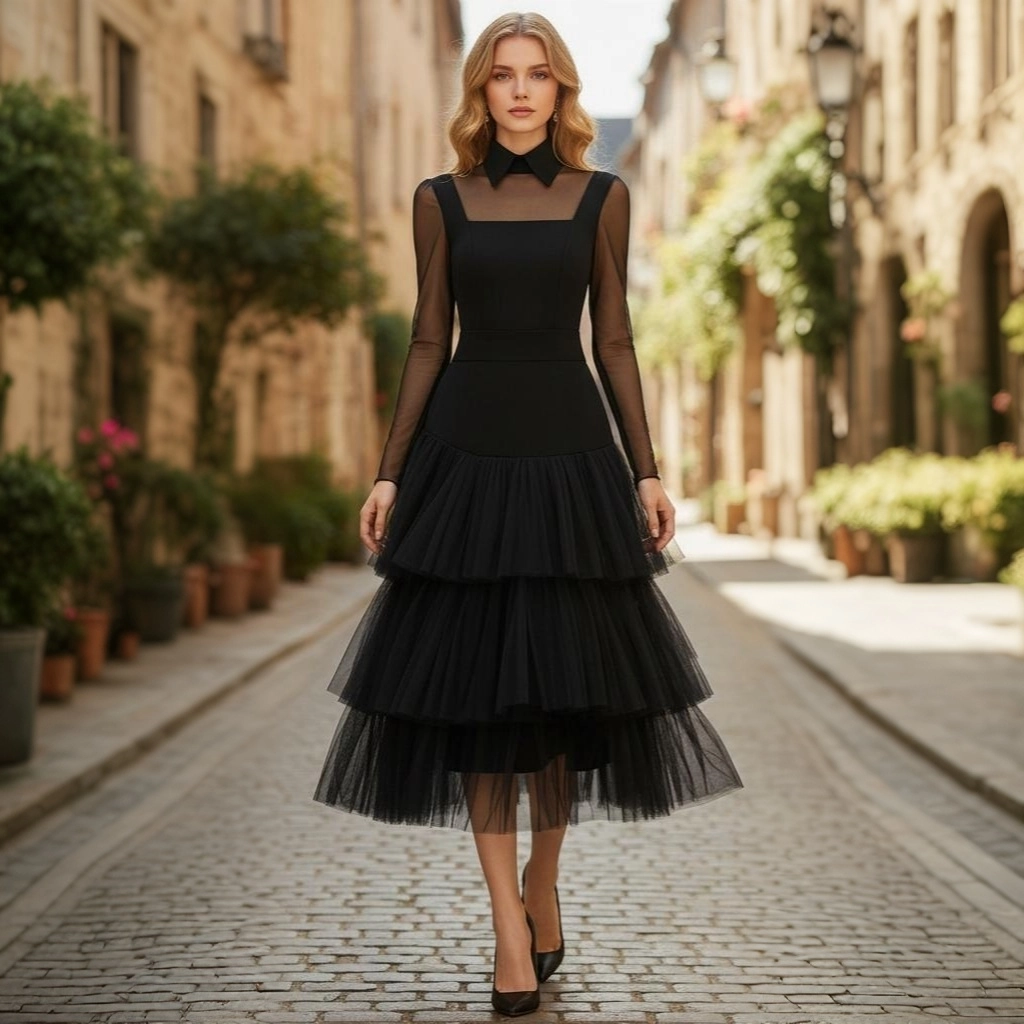 Black Mesh Long-Sleeve Multi-Layer Tulle Cake-Style Wedding Dress