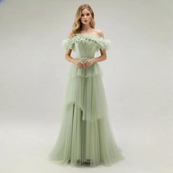 Mint Green Off-the-Shoulder Multi-Layer Tulle Train Gown