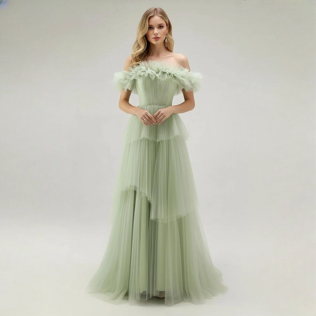 Mint Green Off-the-Shoulder Multi-Layer Tulle Train Gown