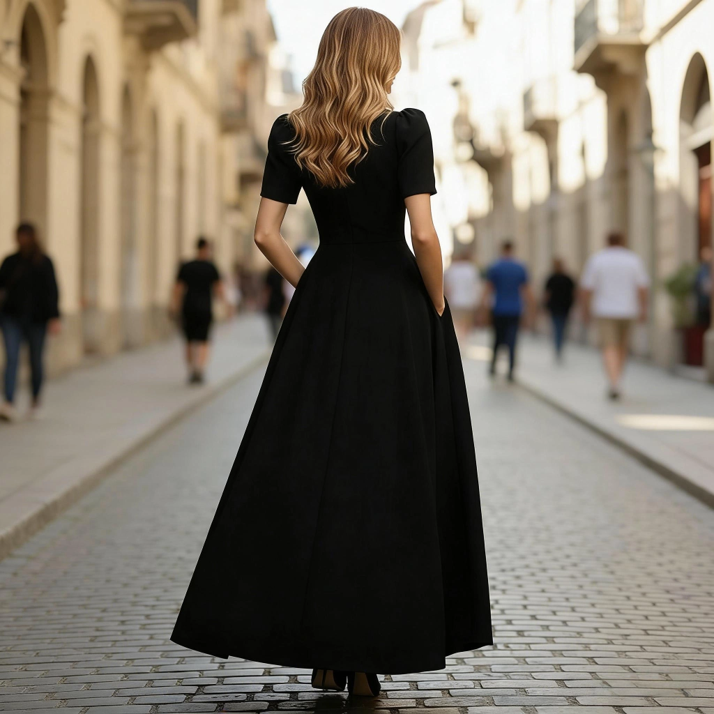 Second image of Black Stand Collar Puff Sleeve Full Skirt Pocket Dress
