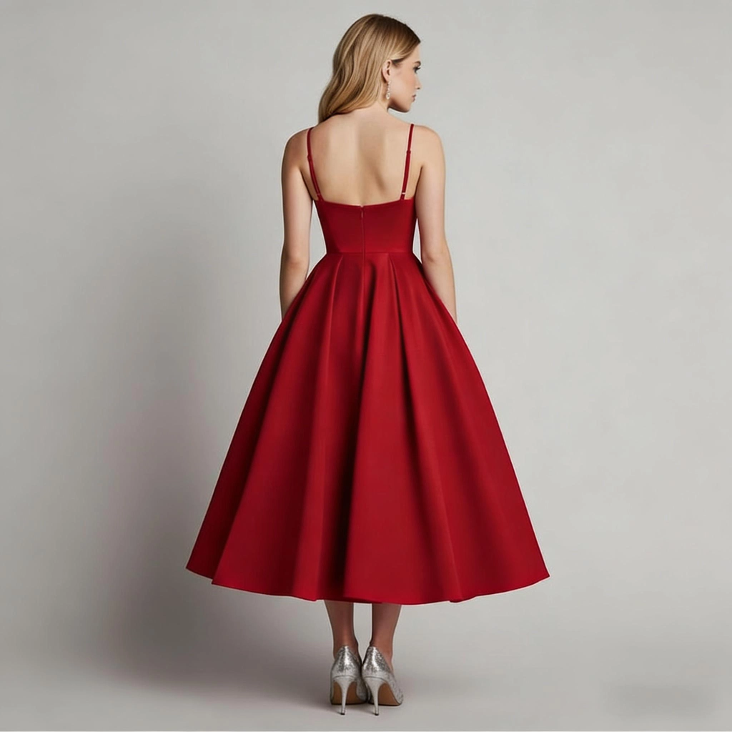 Second image of Red Satin V-Neck A-Line Midi Dress with Thin Straps