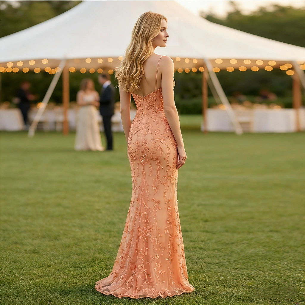 Second image of Orange Lace Floral Strapless Mermaid-Style Evening Gown