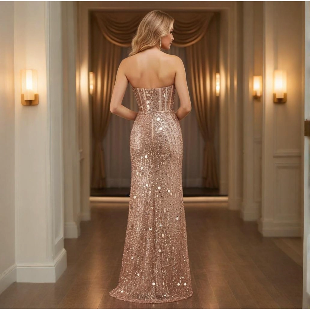 Second image of Rose Gold Strapless Sequin-Embellished Slit Mermaid-Style Evening Gown