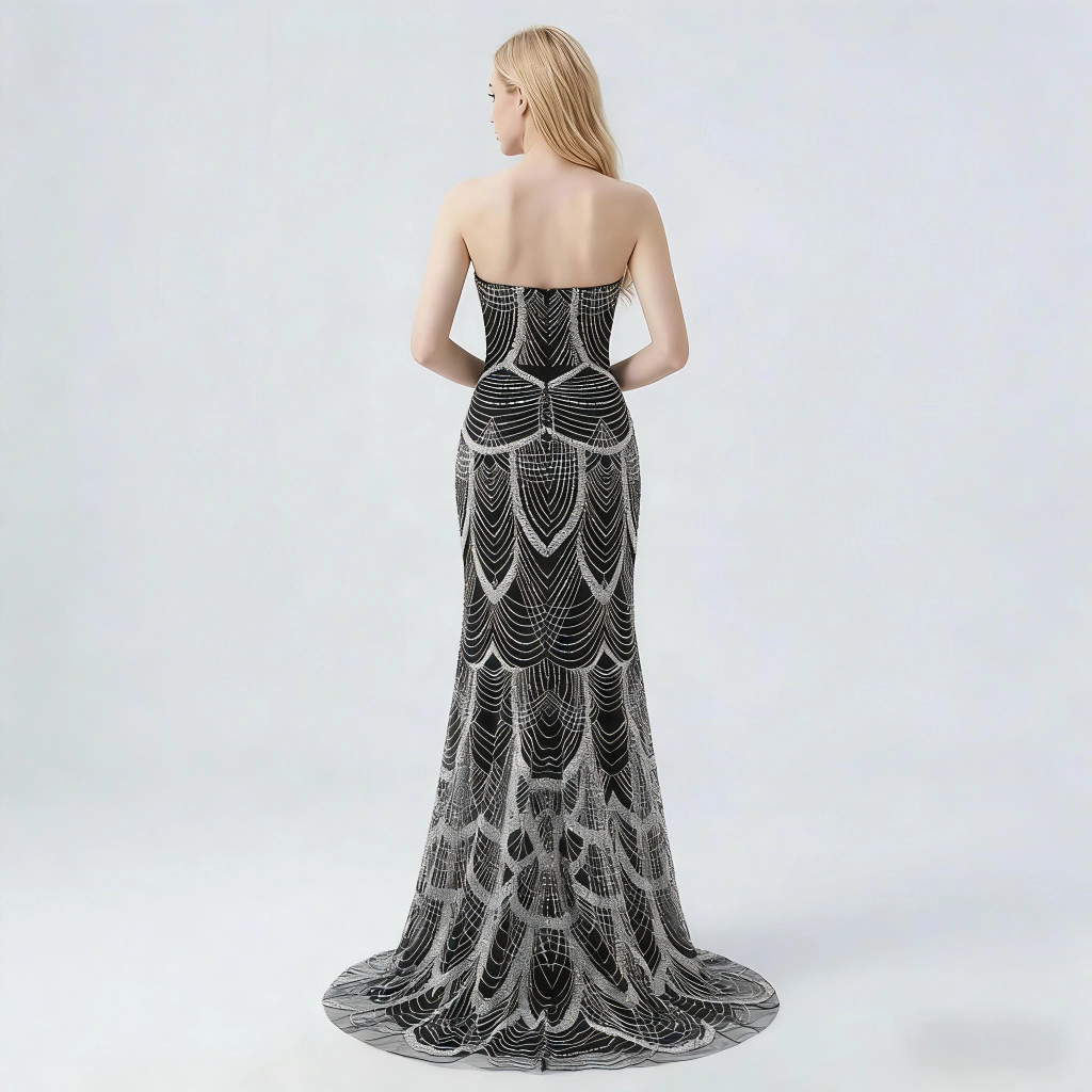Second image of Black and Silver Beaded Embroidered Geometric Mermaid-Style Gown