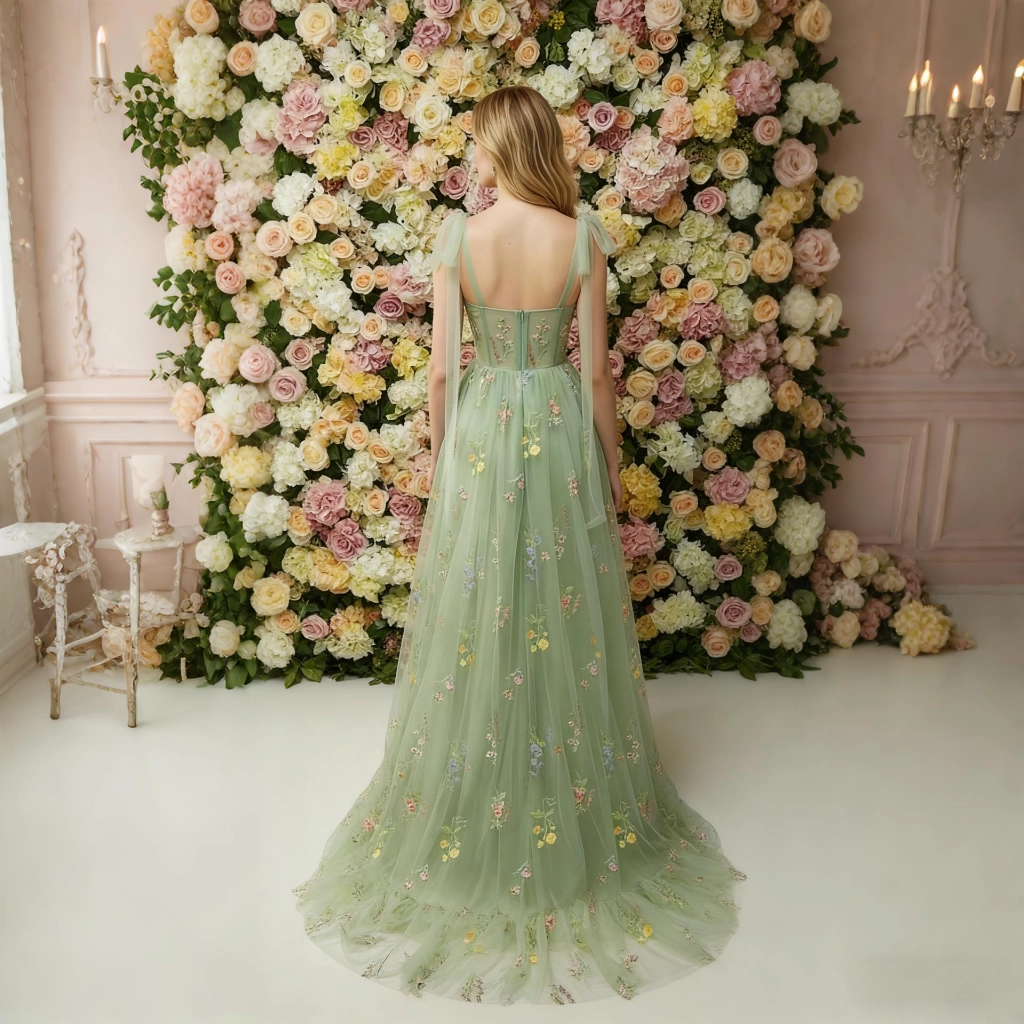 Second image of Mint Green Floral Spaghetti-Strap Tulle Dress with Train