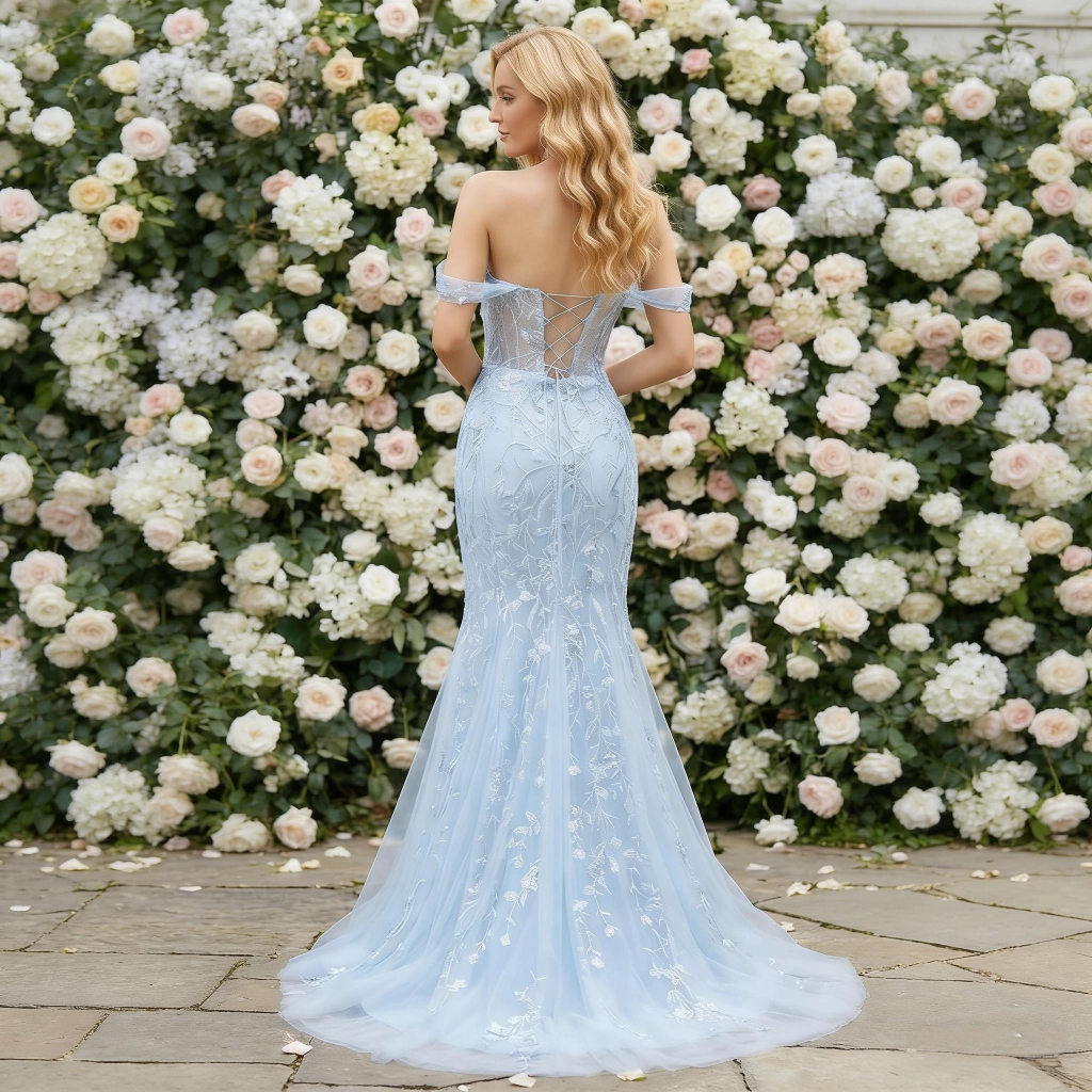 Second image of Light blue off-the-shoulder lace mermaid-style gown with a train