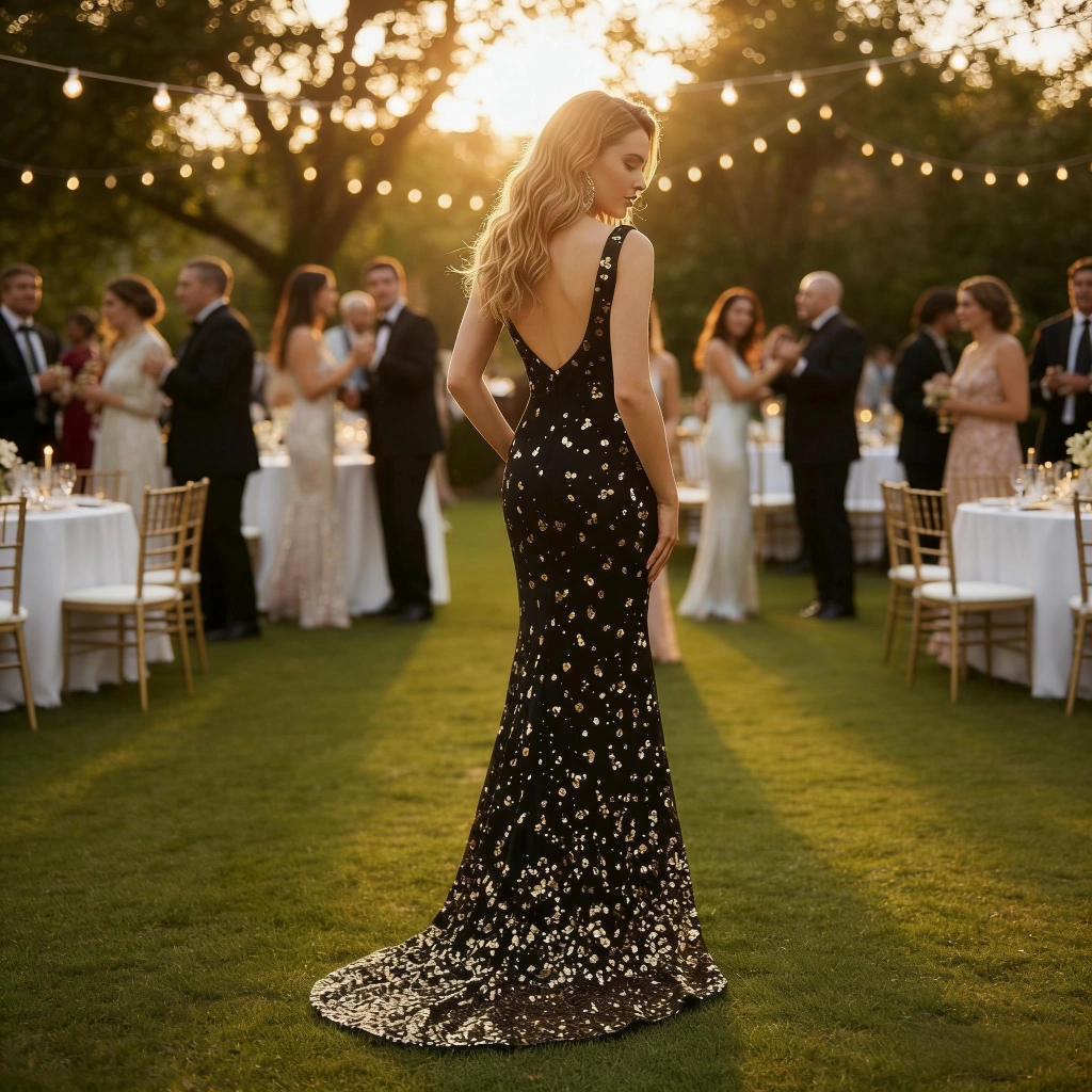 Second image of Black and Gold Sequin V-Neck Mermaid-Style Gown with Train