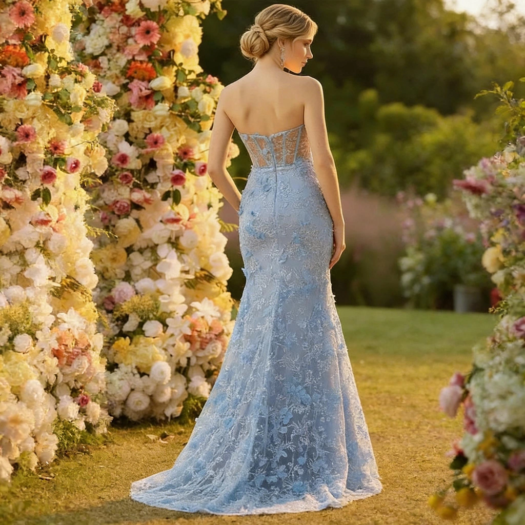 Second image of Light blue strapless fishtail gown with a slit and train