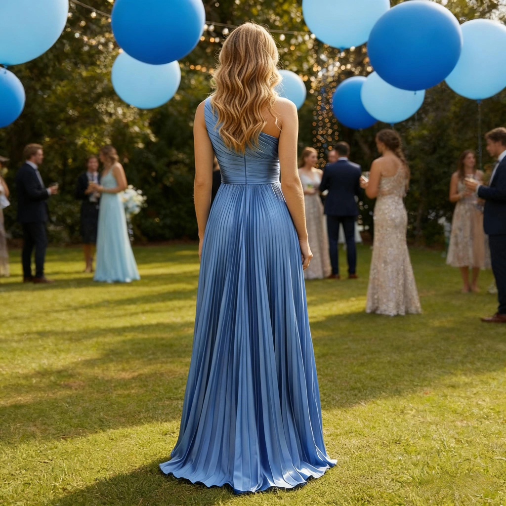 Second image of Royal Blue One-Shoulder Pleated Slit Evening Gown