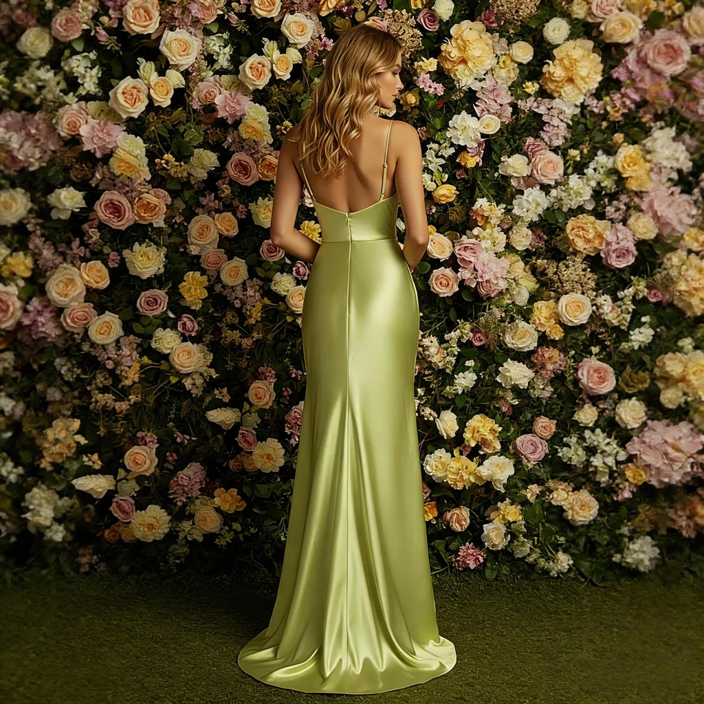 Second image of Avocado Green Satin Strapless Mermaid-Style Evening Gown