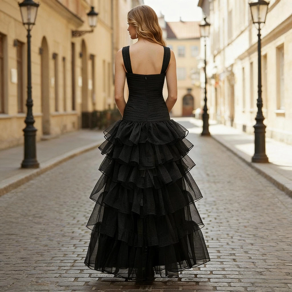 Second image of Black Strapless V-Neck Multi-Layer Tulle Tiered Wedding Dress