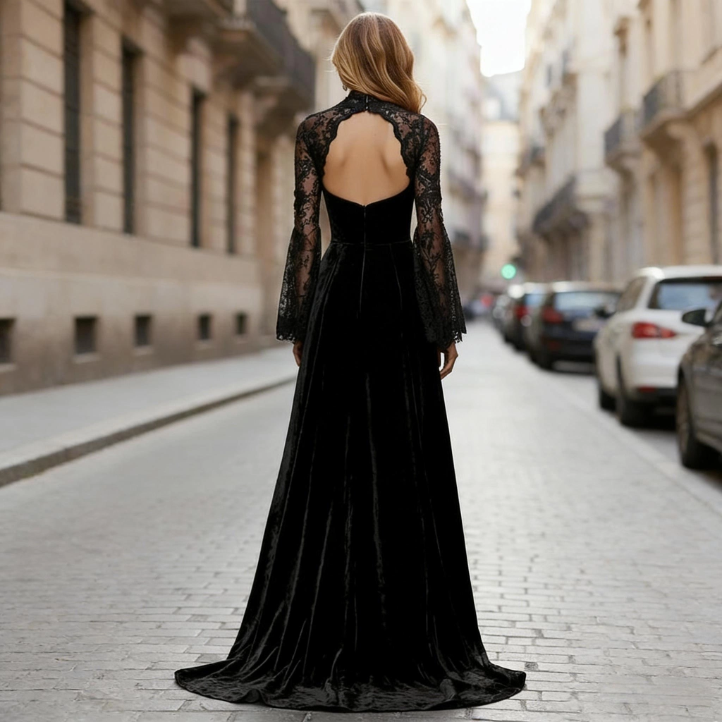 Second image of Black velvet lace long-sleeved backless gown with train