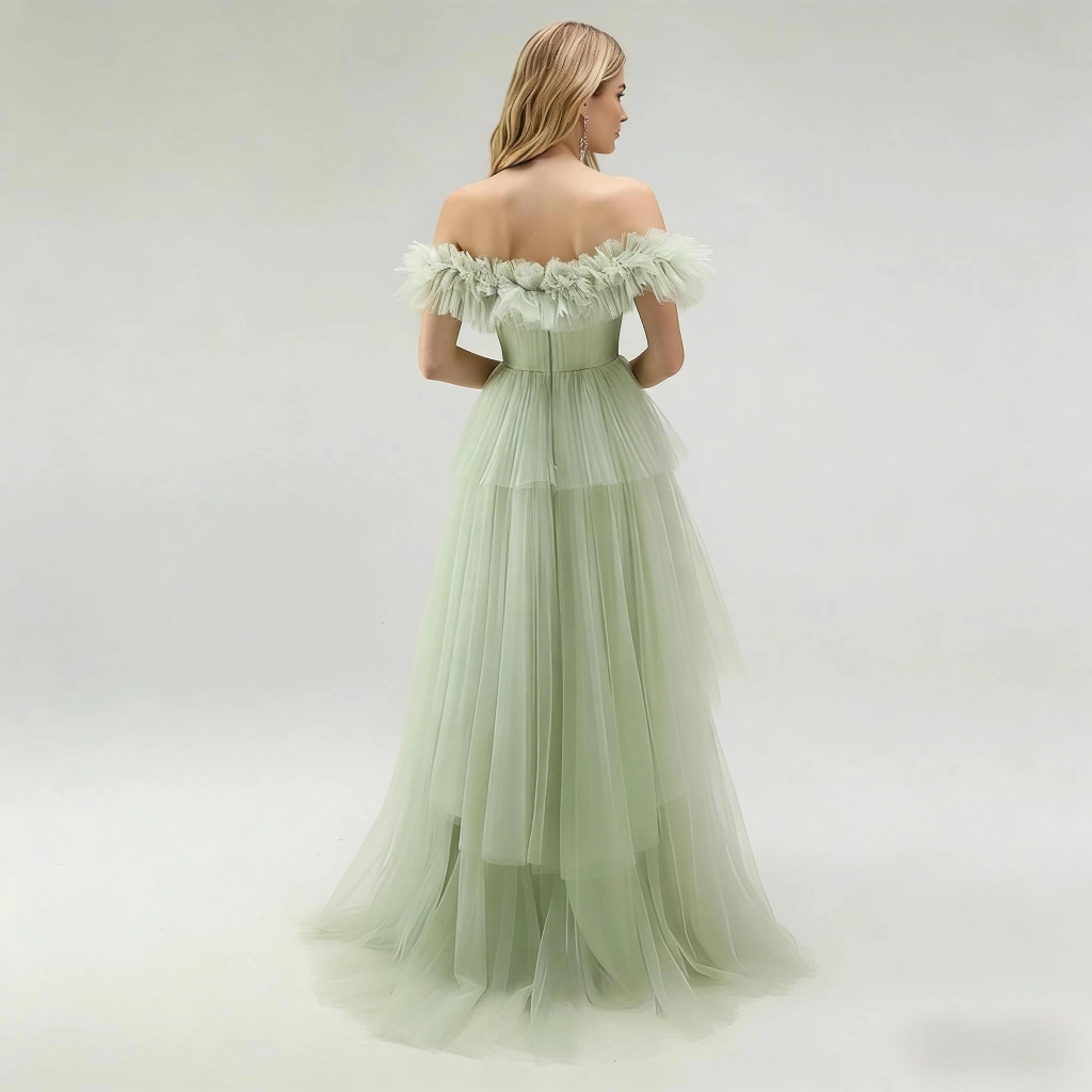 Second image of Mint Green Off-the-Shoulder Multi-Layer Tulle Train Gown