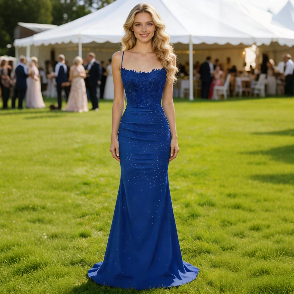 Royal blue lace backless mermaid-style maxi gown