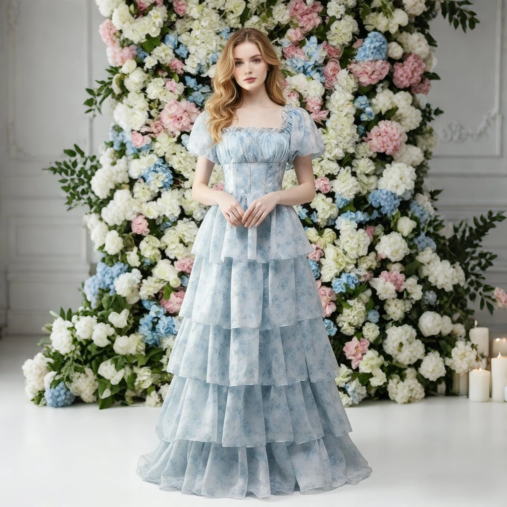Light blue floral print ball gown with puff sleeves and tiered ruffles