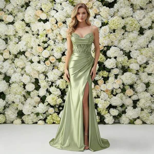 Avocado Green Satin Lace Mermaid-Style Split-Hem Gown