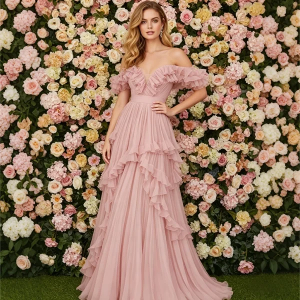 Nude-pink off-the-shoulder layered ruffled tulle gown
