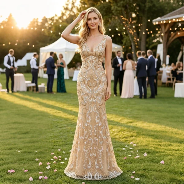 Champagne-colored lace sequin V-neck backless mermaid-style gown