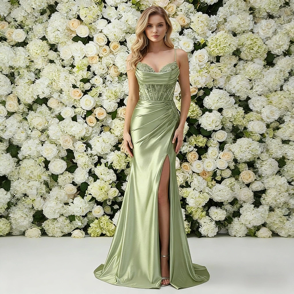 Avocado Green Satin Lace Mermaid-Style Split-Hem Gown
